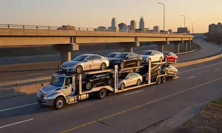 Car transporter with the Southfield, Michigan, United States skyline behind it