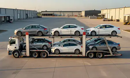 Car transporter parked in an industrial area of St. Clair Shores, Michigan, United States