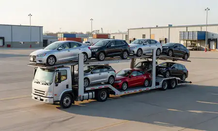 Car transporter loaded with vehicles in St. Clair Shores, Michigan, United States