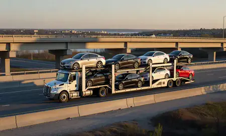 Car transporter with the St. Clair Shores, Michigan, United States skyline behind it
