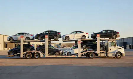 Car transporter parked in an industrial area of Sterling Heights, Michigan, United States