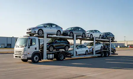 Car transporter loaded with vehicles in Sterling Heights, Michigan, United States