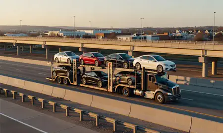 Car transporter with the Sterling Heights, Michigan, United States skyline behind it