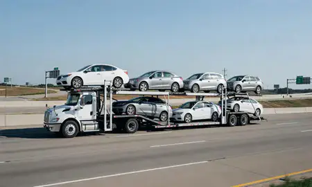 Multi-level car carrier on the highway to Taylor, Michigan, United States