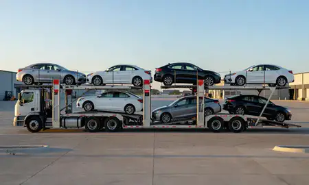 Car transporter parked in an industrial area of Taylor, Michigan, United States