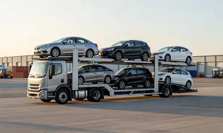 Car transporter loaded with vehicles in Taylor, Michigan, United States