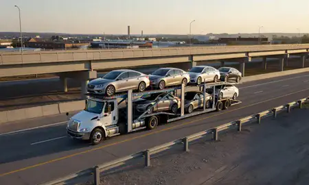 Car transporter with the Taylor, Michigan, United States skyline behind it