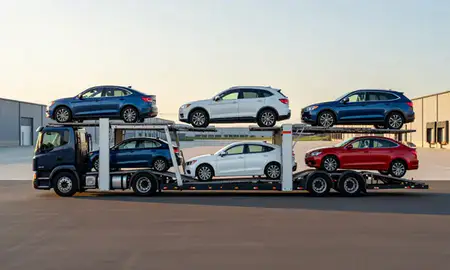 Car transporter parked in an industrial area of Troy, Michigan, United States