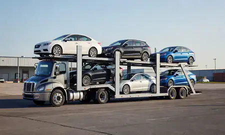 Car transporter loaded with vehicles in Troy, Michigan, United States