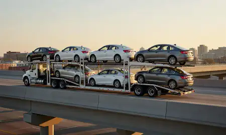 Car transporter with the Troy, Michigan, United States skyline behind it