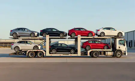 Car transporter parked in an industrial area of Warren, Michigan, United States