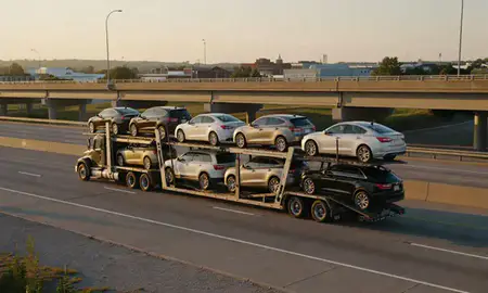 Car transporter with the Warren, Michigan, United States skyline behind it