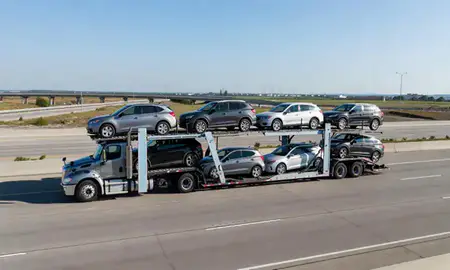 Multi-level car carrier on the highway to Westland, Michigan, United States