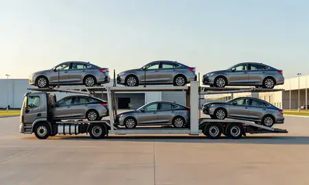 Car transporter parked in an industrial area of Westland, Michigan, United States