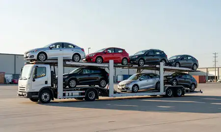 Car transporter loaded with vehicles in Westland, Michigan, United States