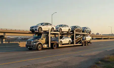 Car transporter with the Westland, Michigan, United States skyline behind it