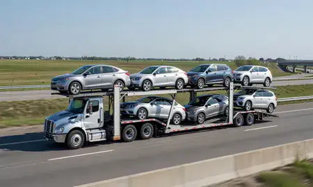 Multi-level car carrier on the highway to Wyoming, Michigan, United States
