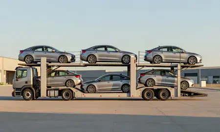 Car transporter parked in an industrial area of Wyoming, Michigan, United States
