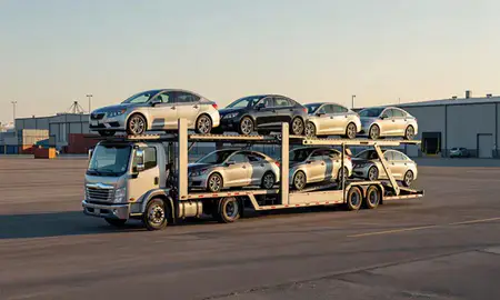 Car transporter loaded with vehicles in Wyoming, Michigan, United States