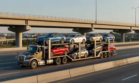 Car transporter with the Wyoming, Michigan, United States skyline behind it