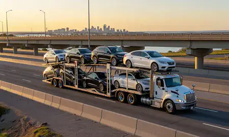 Car transporter with the Minnesota, United States skyline behind it