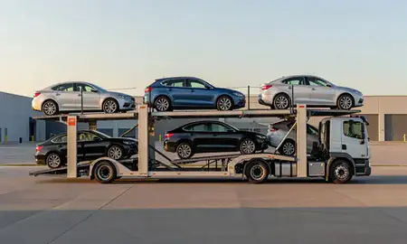 Car transporter parked in an industrial area of Andover, Minnesota, United States
