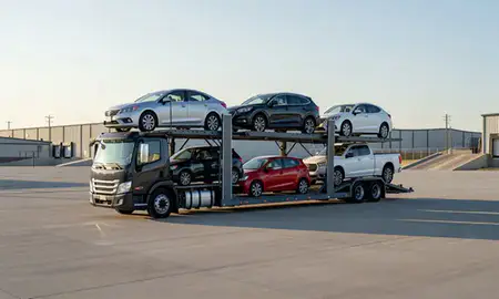 Car transporter loaded with vehicles in Andover, Minnesota, United States