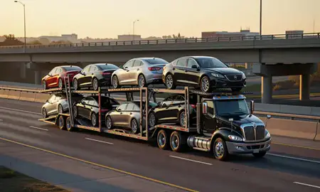 Car transporter with the Andover, Minnesota, United States skyline behind it