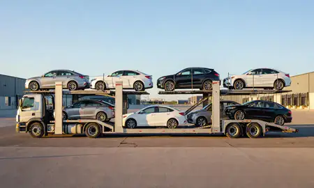Car transporter parked in an industrial area of Apple Valley, Minnesota, United States
