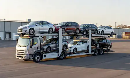 Car transporter loaded with vehicles in Apple Valley, Minnesota, United States