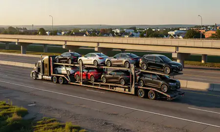 Car transporter with the Apple Valley, Minnesota, United States skyline behind it
