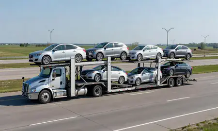Multi-level car carrier on the highway to Blaine, Minnesota, United States