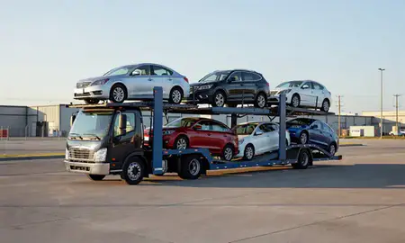 Car transporter loaded with vehicles in Blaine, Minnesota, United States