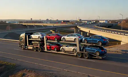 Car transporter with the Blaine, Minnesota, United States skyline behind it