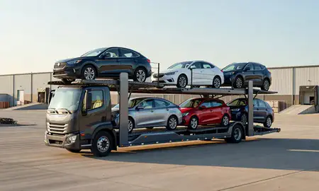 Car transporter loaded with vehicles in Bloomington, Minnesota, United States