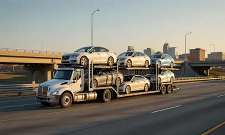 Car transporter with the Bloomington, Minnesota, United States skyline behind it