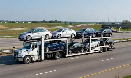 Multi-level car carrier on the highway to Brooklyn Center, Minnesota, United States