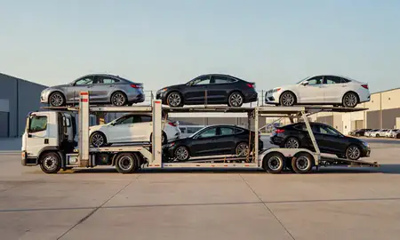 Car transporter parked in an industrial area of Brooklyn Center, Minnesota, United States