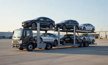 Car transporter loaded with vehicles in Brooklyn Center, Minnesota, United States