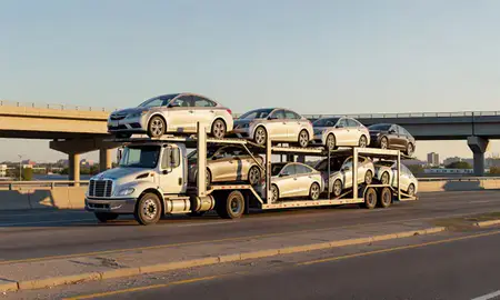 Car transporter with the Brooklyn Center, Minnesota, United States skyline behind it