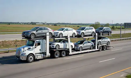 Multi-level car carrier on the highway to Brooklyn Park, Minnesota, United States