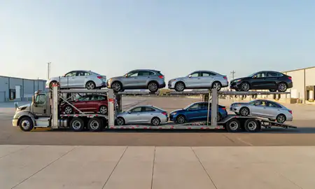 Car transporter parked in an industrial area of Brooklyn Park, Minnesota, United States