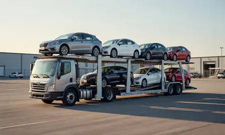Car transporter loaded with vehicles in Brooklyn Park, Minnesota, United States