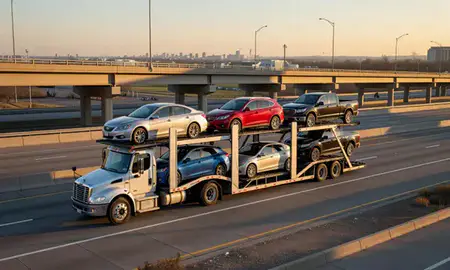Car transporter with the Brooklyn Park, Minnesota, United States skyline behind it