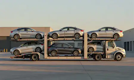 Car transporter parked in an industrial area of Burnsville, Minnesota, United States