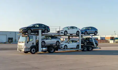 Car transporter loaded with vehicles in Burnsville, Minnesota, United States