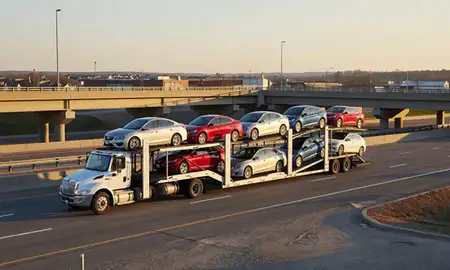 Car transporter with the Burnsville, Minnesota, United States skyline behind it