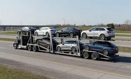 Multi-level car carrier on the highway to Coon Rapids, Minnesota, United States