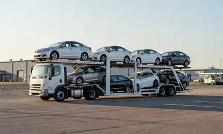Car transporter loaded with vehicles in Coon Rapids, Minnesota, United States