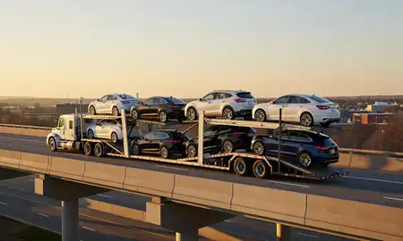 Car transporter with the Coon Rapids, Minnesota, United States skyline behind it